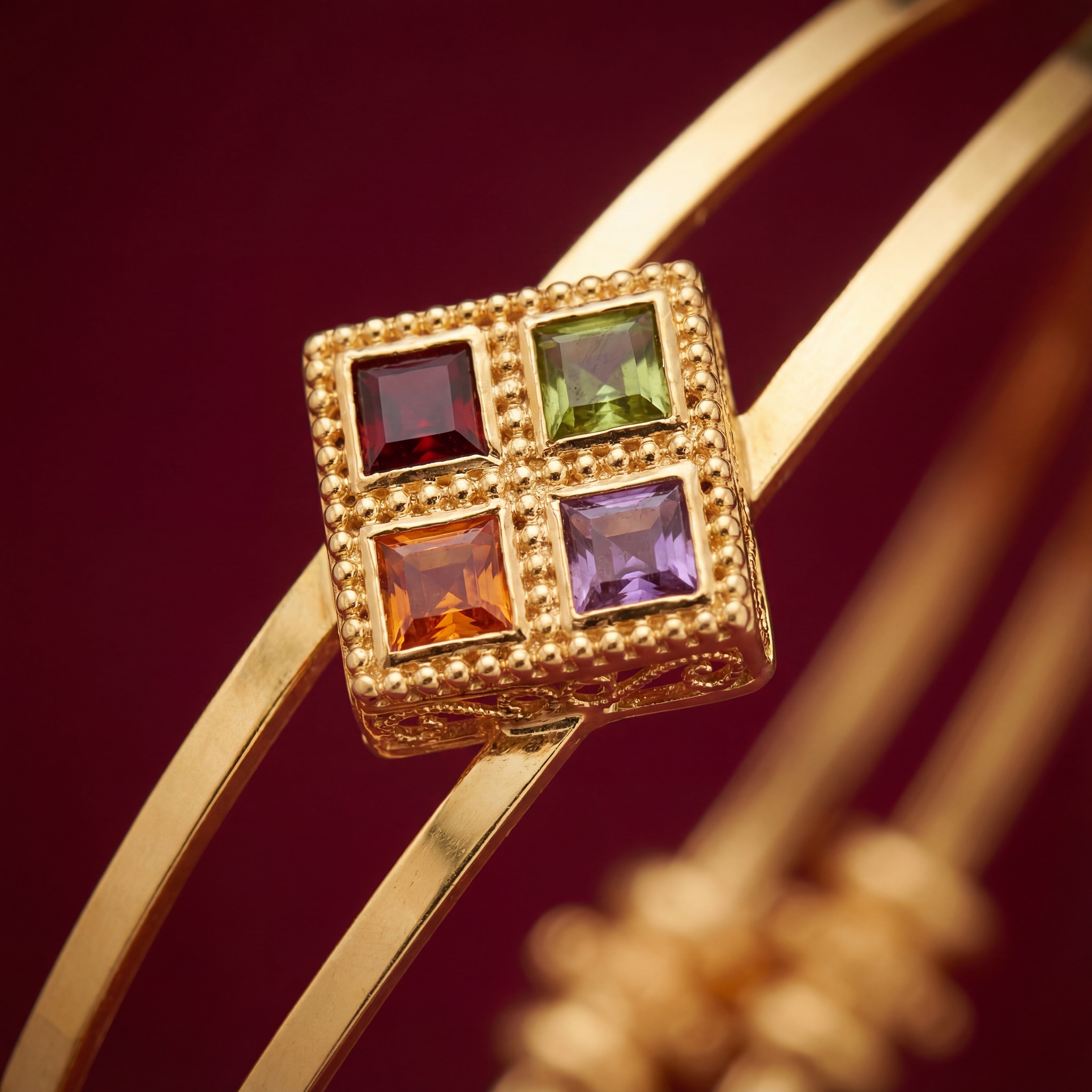 Gold Plated Geometric Square Charm Bangles with Multi-Color Stones - KB006