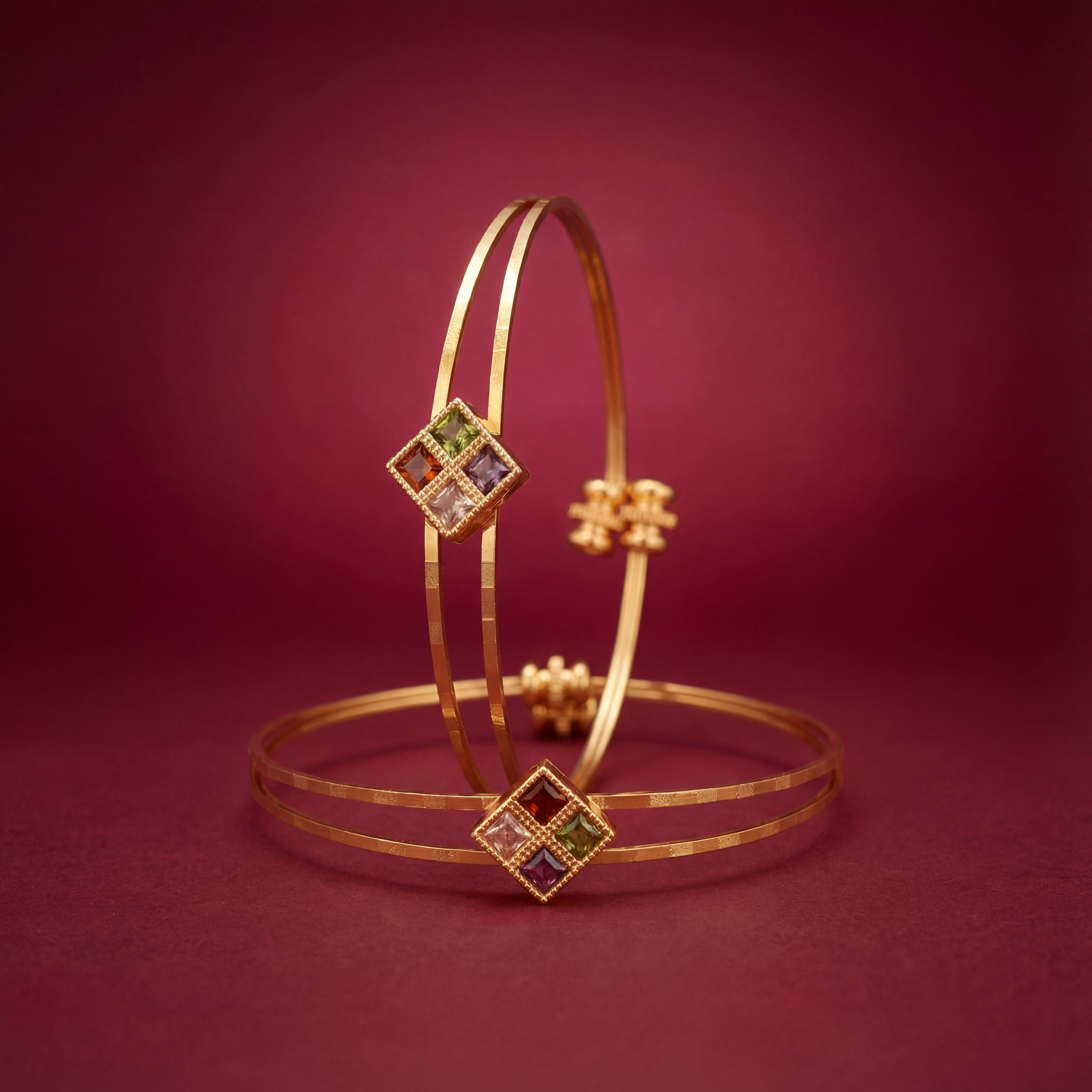 Gold Plated Geometric Square Charm Bangles with Multi-Color Stones - KB006