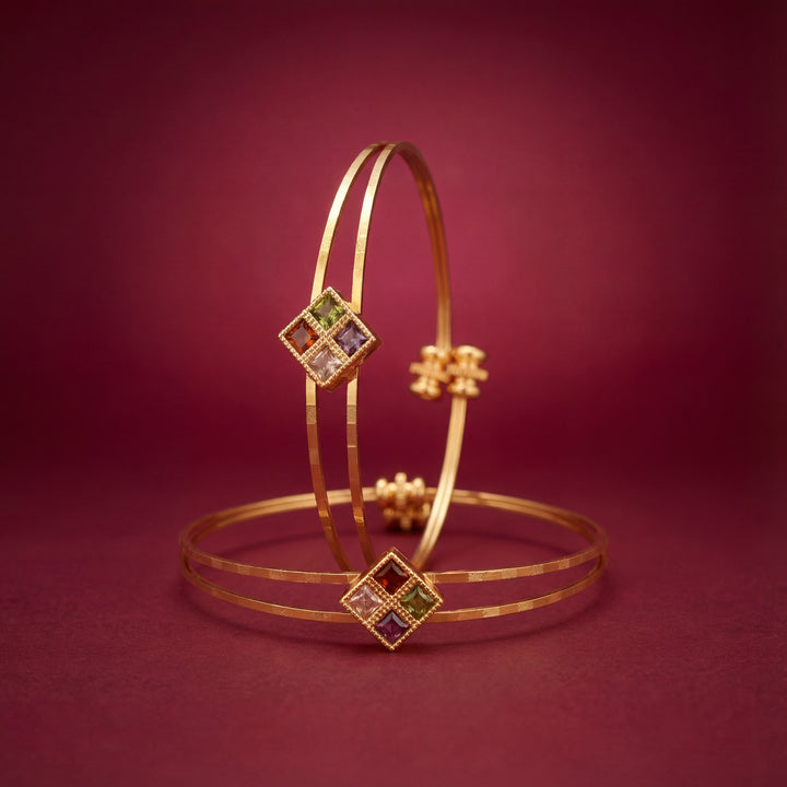 Gold Plated Geometric Square Charm Bangles with Multi-Color Stones - KB006