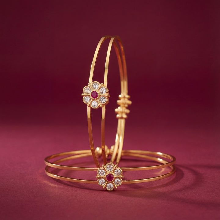 Gold Plated Traditional Double Motif Bangles with AD Stones - KB005
