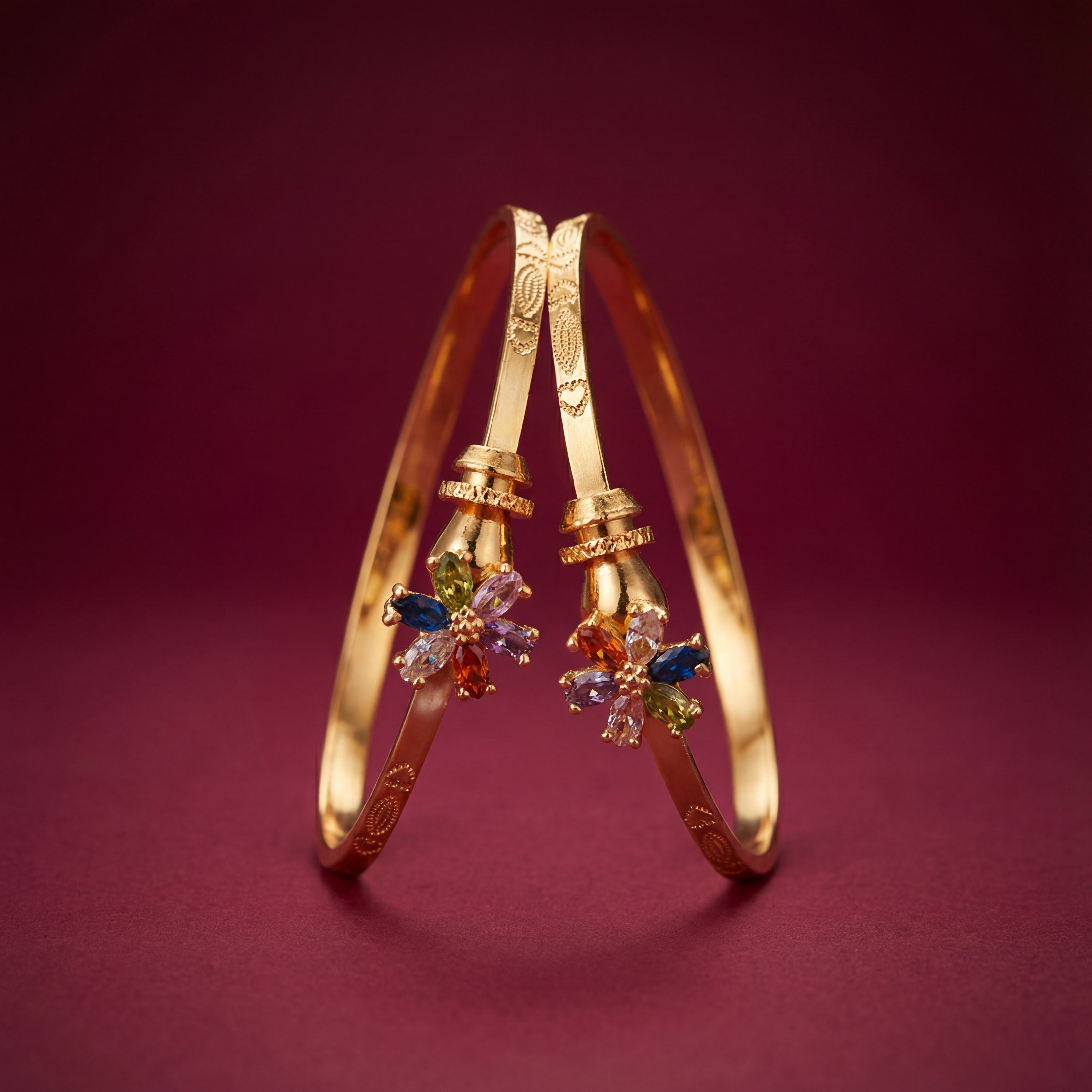 Gold Plated Floral Design Bangles with Multi-Color AD Stones - KB002