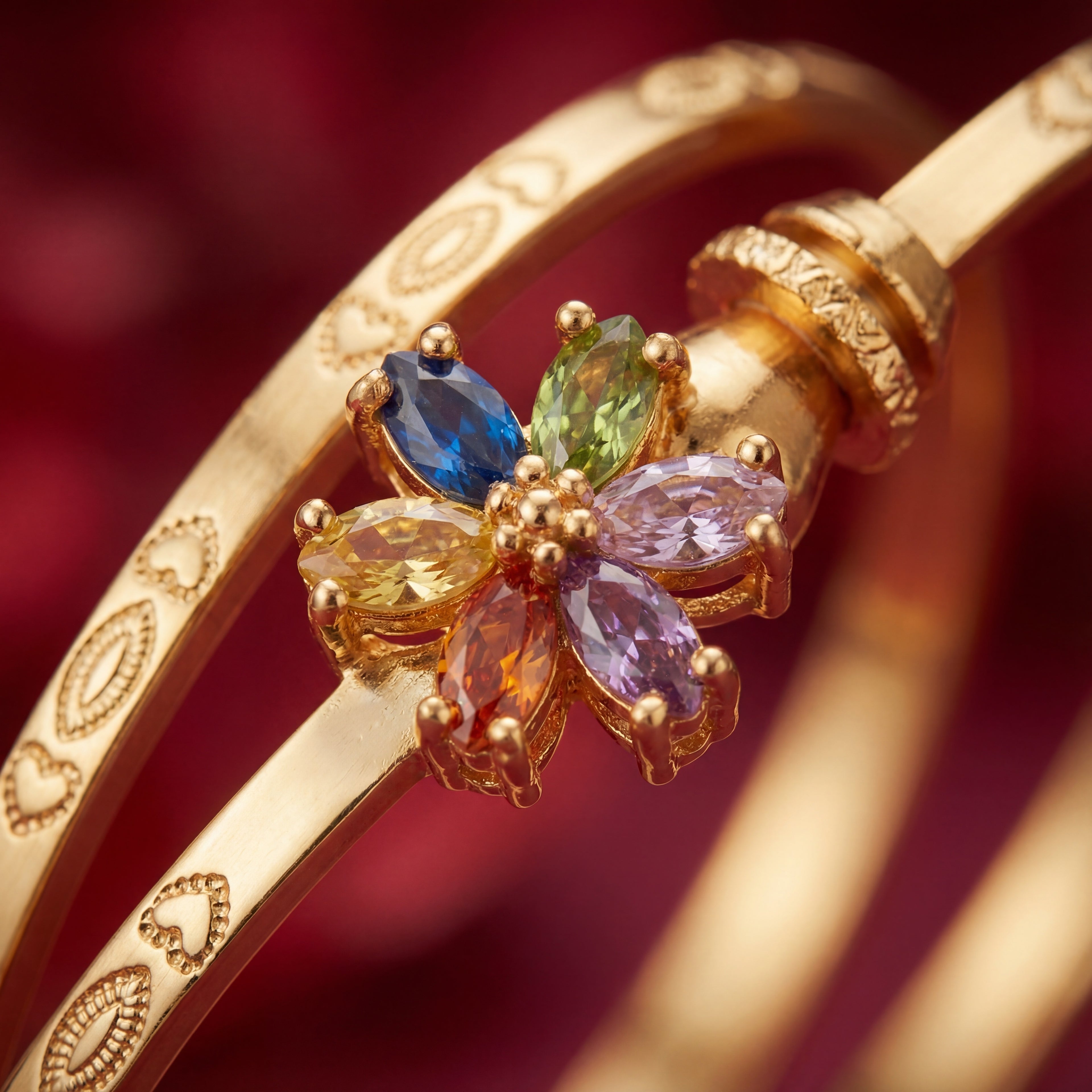 Gold Plated Floral Design Bangles with Multi-Color AD Stones - KB002