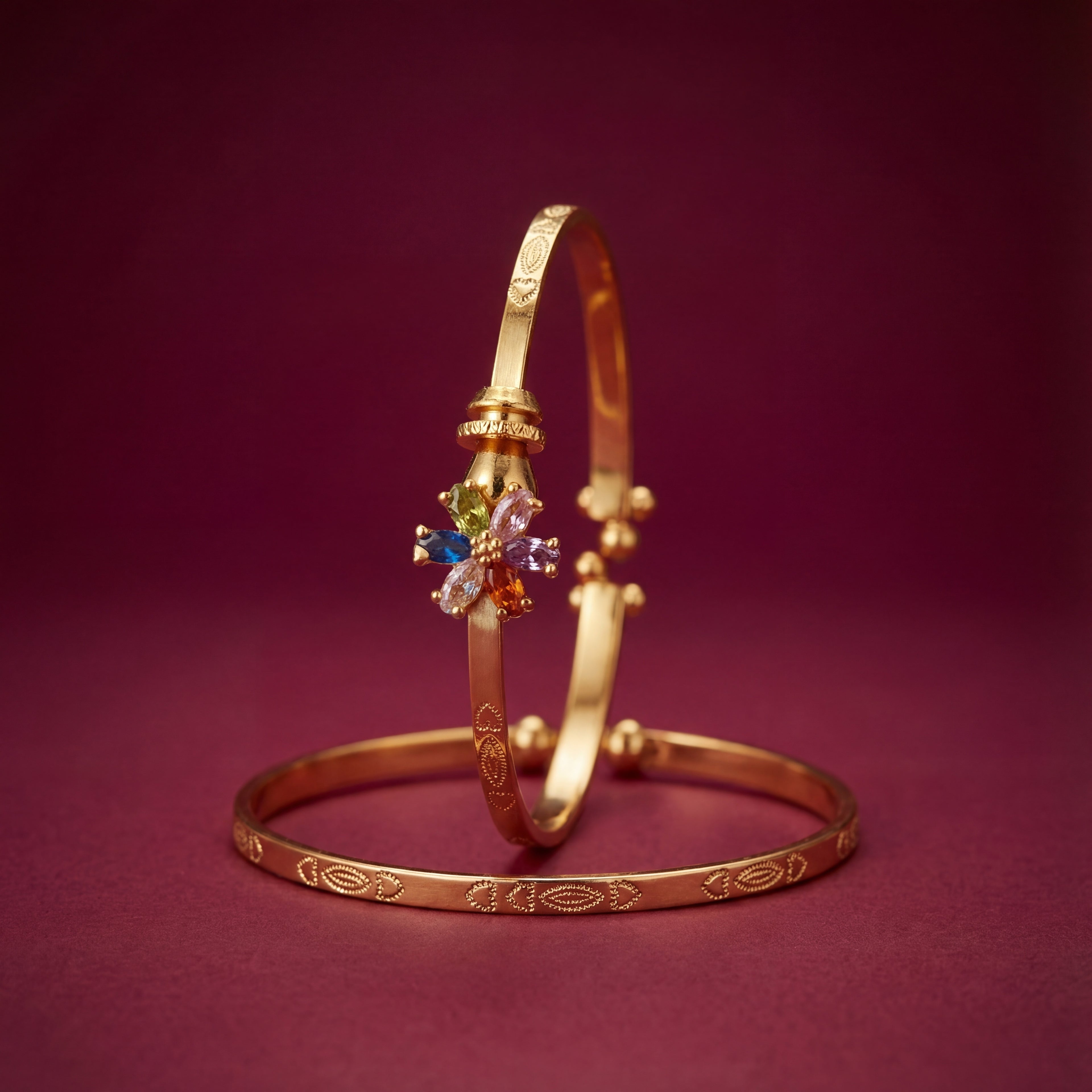 Gold Plated Floral Design Bangles with Multi-Color AD Stones - KB002